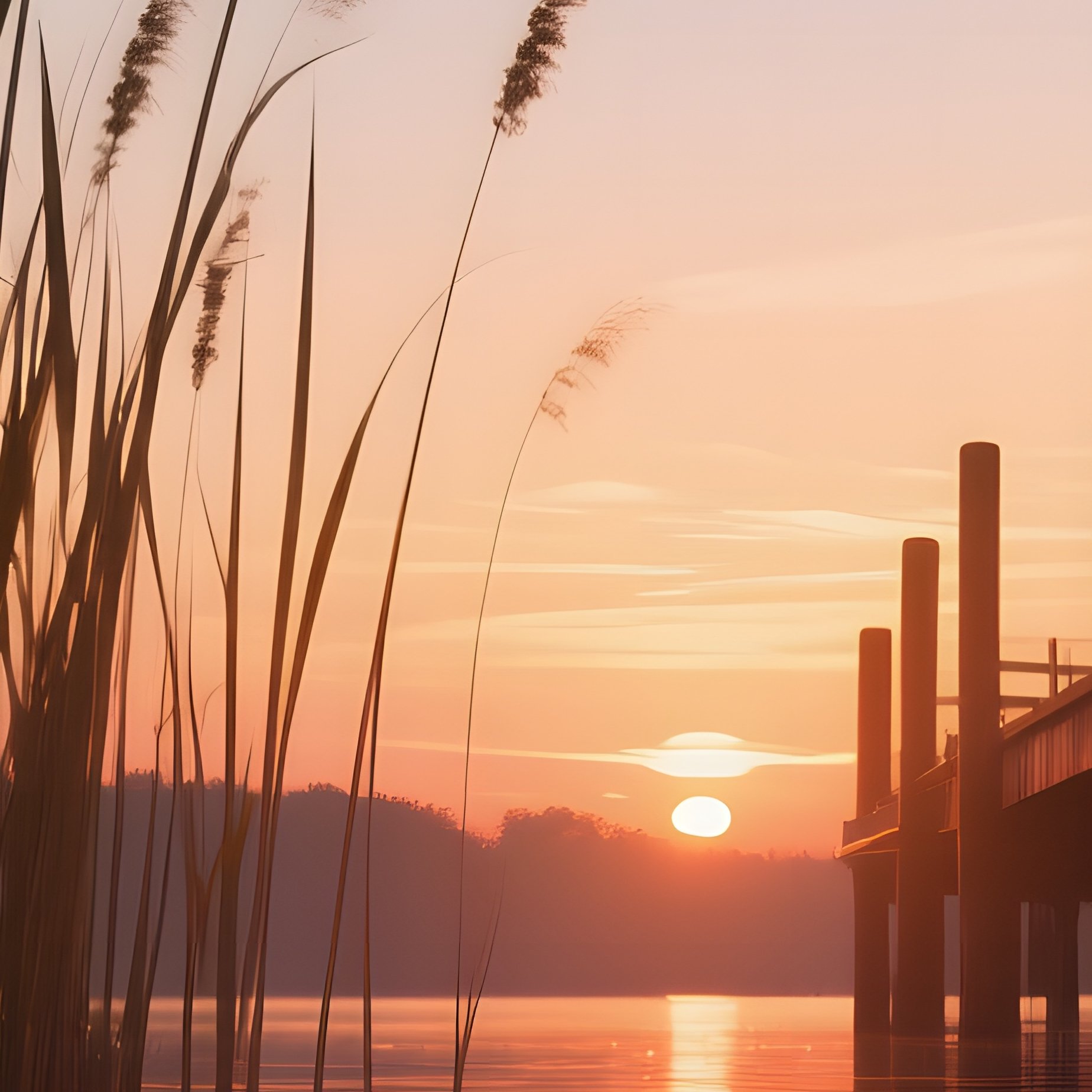 A Dramatic Low‑Angle View From A Dock At Sunset, Long Shadows Of Towering Reeds Stretching Over - Full Resolution Quality Preview