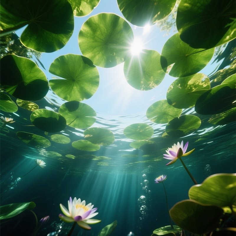 A Dramatic Low‑Angle View From Beneath The Surface Looking Up Through A Canopy Of Broad Green Lily