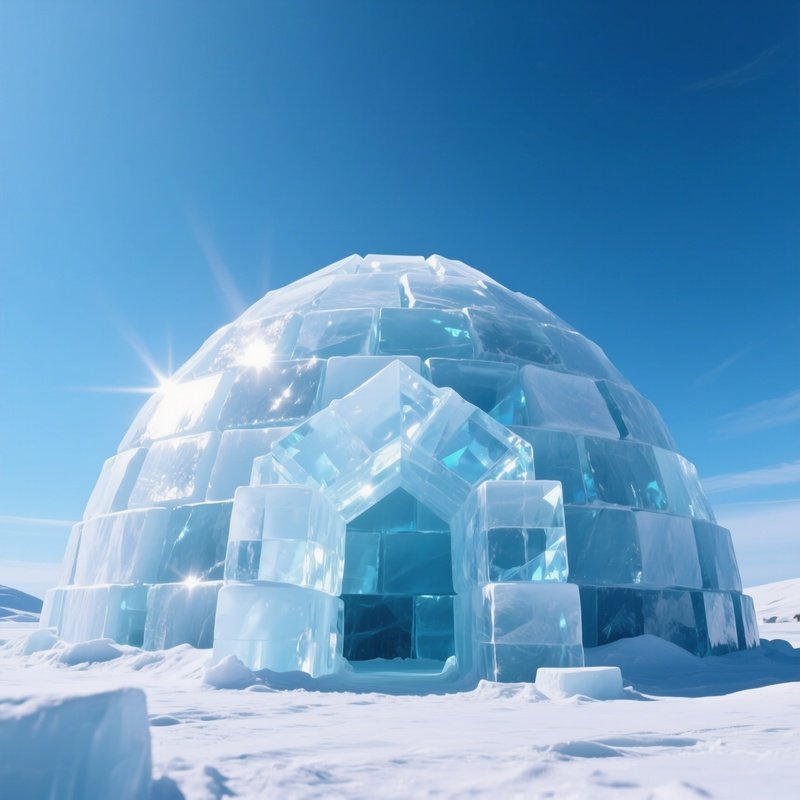 A Dramatic Low Angle View Of A Massive Igloo Constructed From Towering Blocks Of Ice, Sunlight