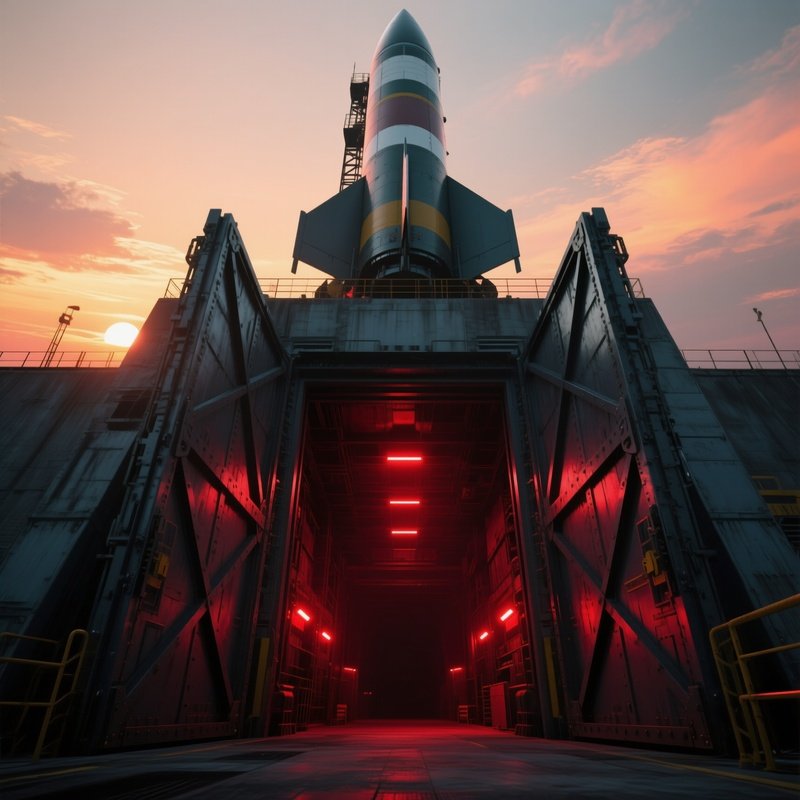 A Dramatic Low‑Angle View Of A Massive Missile Silo Entrance At Sunset, Towering Steel Doors Half