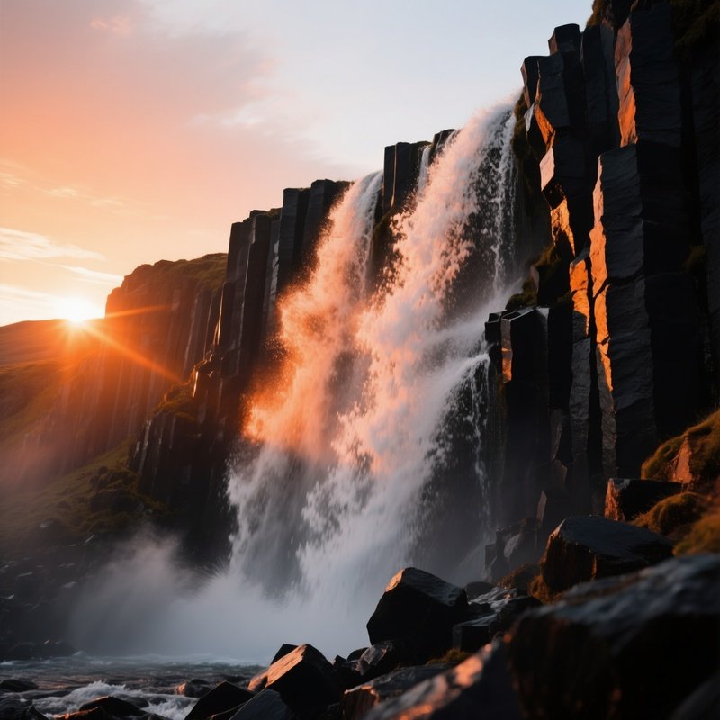 A Dramatic Low Angle View Of A Waterfall Crashing Onto Jagged Black Basalt Columns, Spray Catching