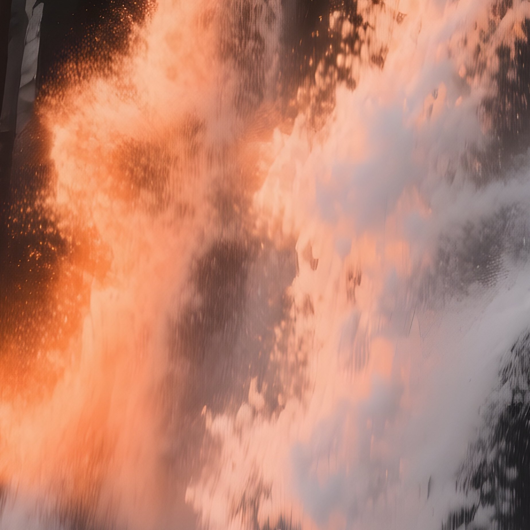 A Dramatic Low Angle View Of A Waterfall Crashing Onto Jagged Black Basalt Columns, Spray Catching - Full Resolution Quality Preview