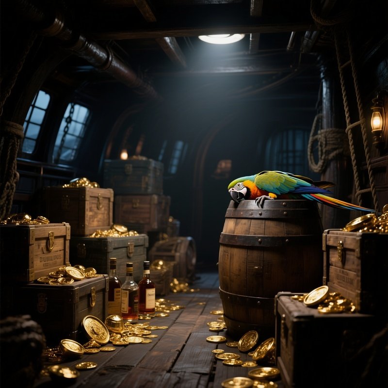 A Dramatic Low‑Light Scene Inside A Ship’S Hold Filled With Crates Of Rum, Gold Doubloons, And A