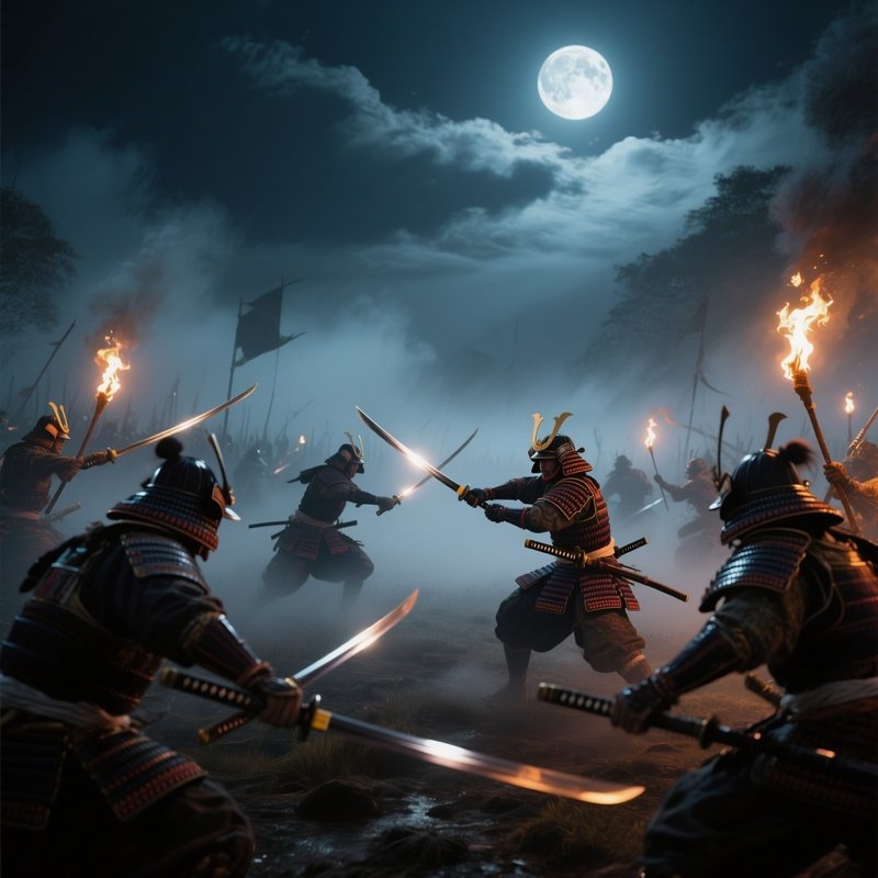 A Dramatic Night Battle Of Samurai Warriors On A Misty Battlefield, Katana Blades Flashing, Torches