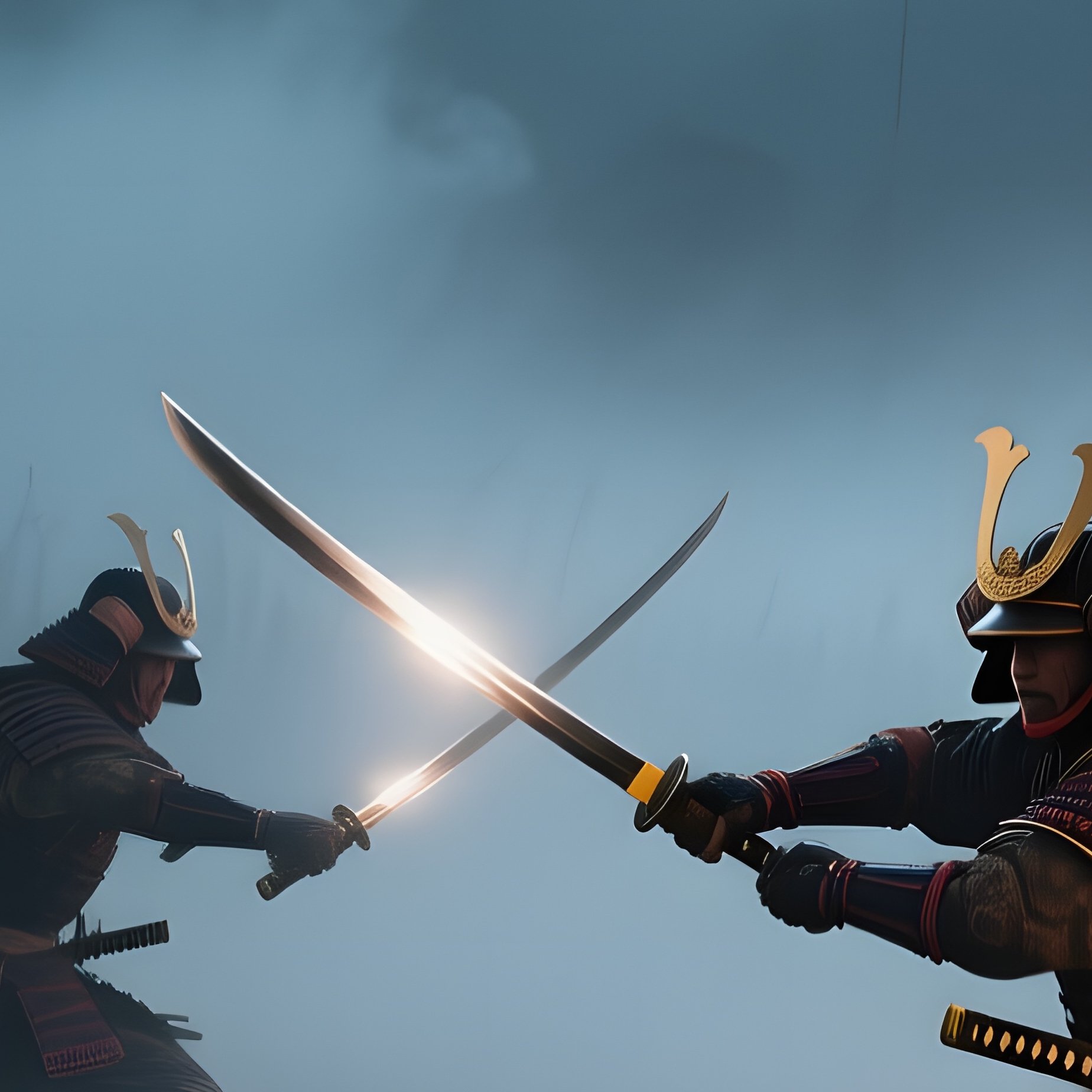 A Dramatic Night Battle Of Samurai Warriors On A Misty Battlefield, Katana Blades Flashing, Torches - Full Resolution Quality Preview