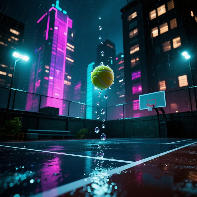 A Dramatic Night Match Under Floodlights On A Rooftop Urban Court, Skyscraper Windows Reflecting