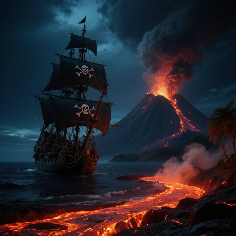 A Dramatic Night Scene Of A Pirate Ship Anchored Near A Volcanic Island, Molten Lava Glowing On The