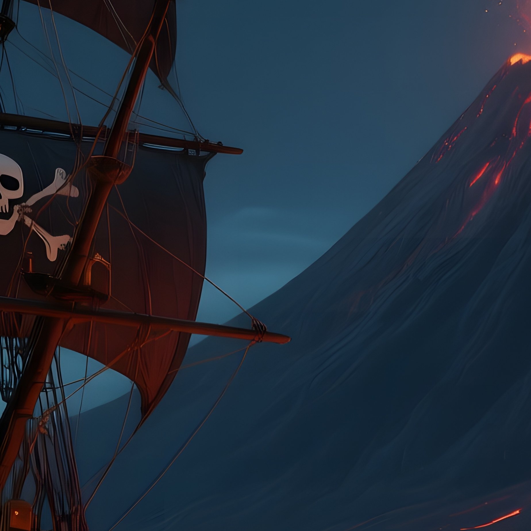 A Dramatic Night Scene Of A Pirate Ship Anchored Near A Volcanic Island, Molten Lava Glowing On The - Full Resolution Quality Preview