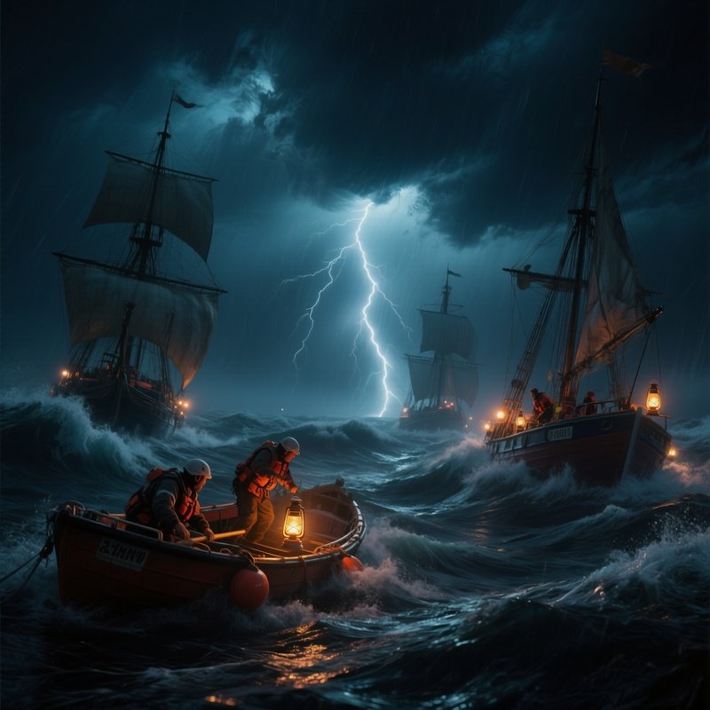 A Dramatic Night Scene Of A Storm‑Tossed Fleet Of Lifeboats Rescuing Sailors, Lanterns Flickering