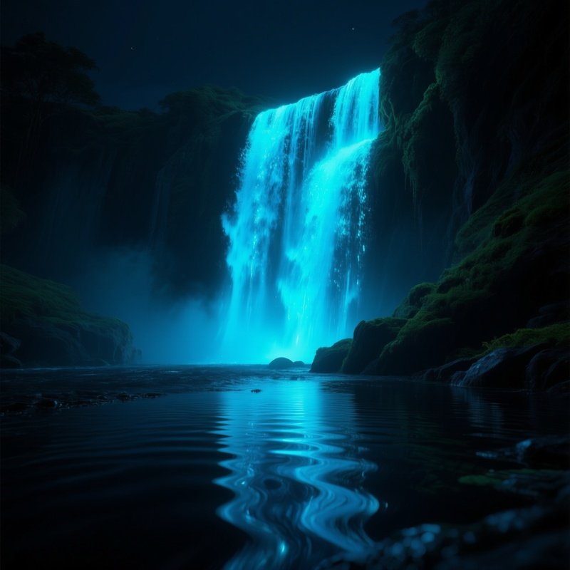 A Dramatic Night Scene Of A Waterfall Illuminated By Bioluminescent Blue Algae, Glowing Ripples