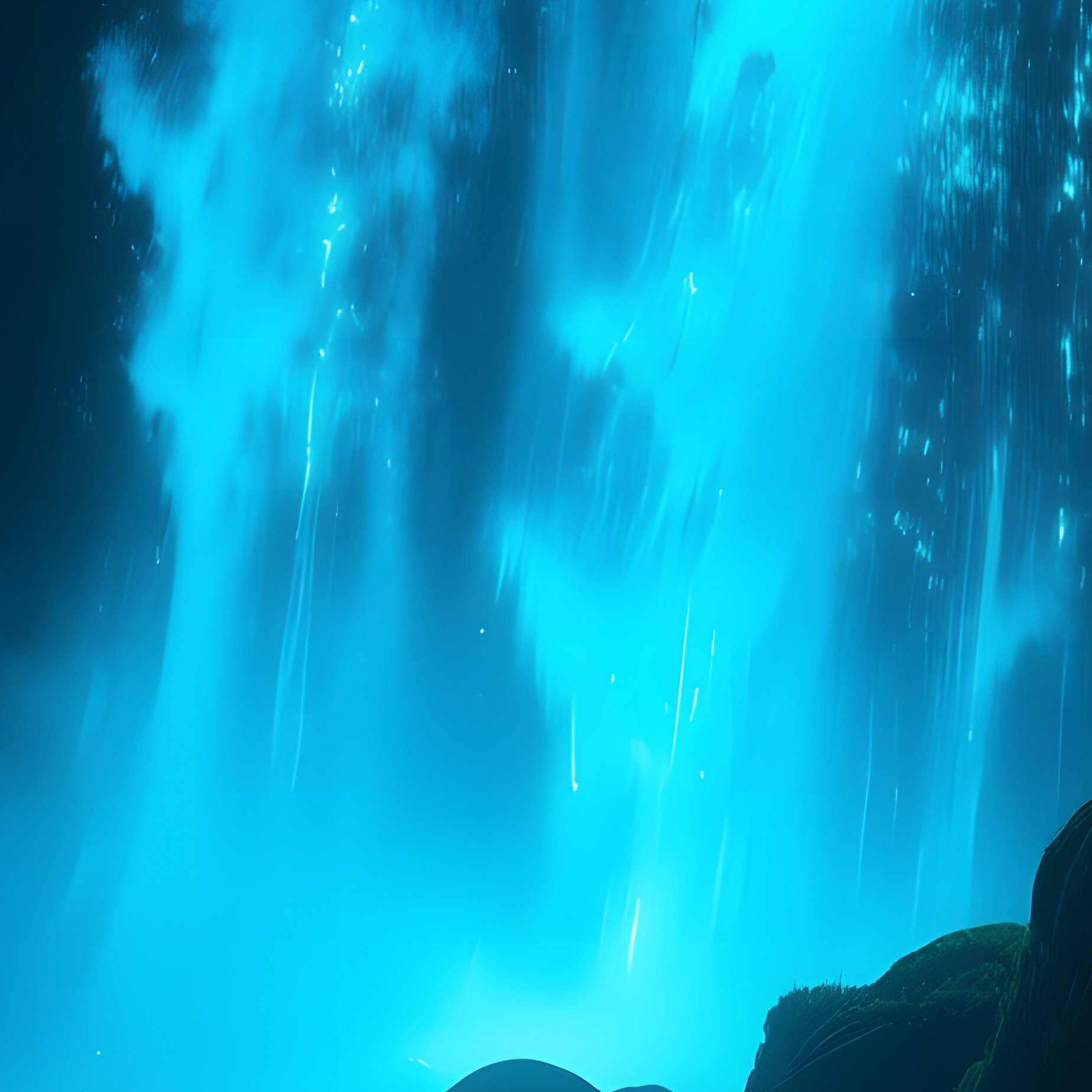 A Dramatic Night Scene Of A Waterfall Illuminated By Bioluminescent Blue Algae, Glowing Ripples - Full Resolution Quality Preview