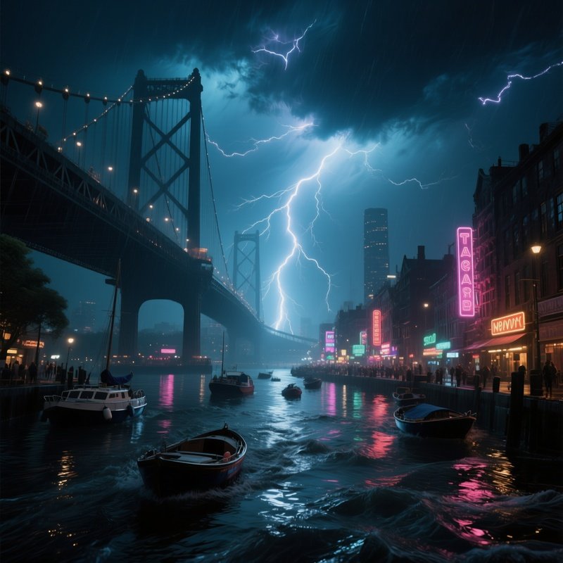 A Dramatic Night Storm Over A Busy Canal, Lightning Illuminating Towering Bridges And Reflected