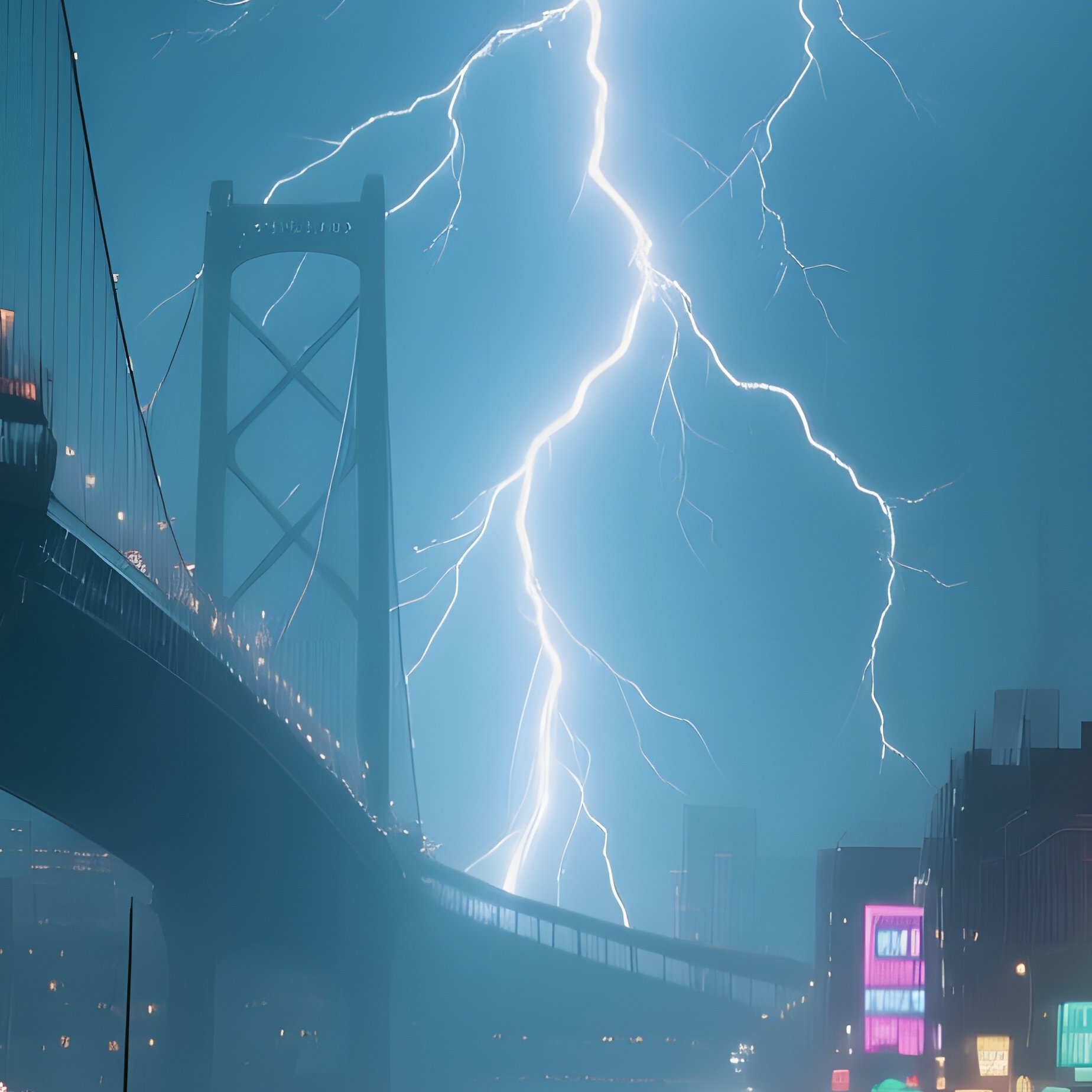A Dramatic Night Storm Over A Busy Canal, Lightning Illuminating Towering Bridges And Reflected - Full Resolution Quality Preview