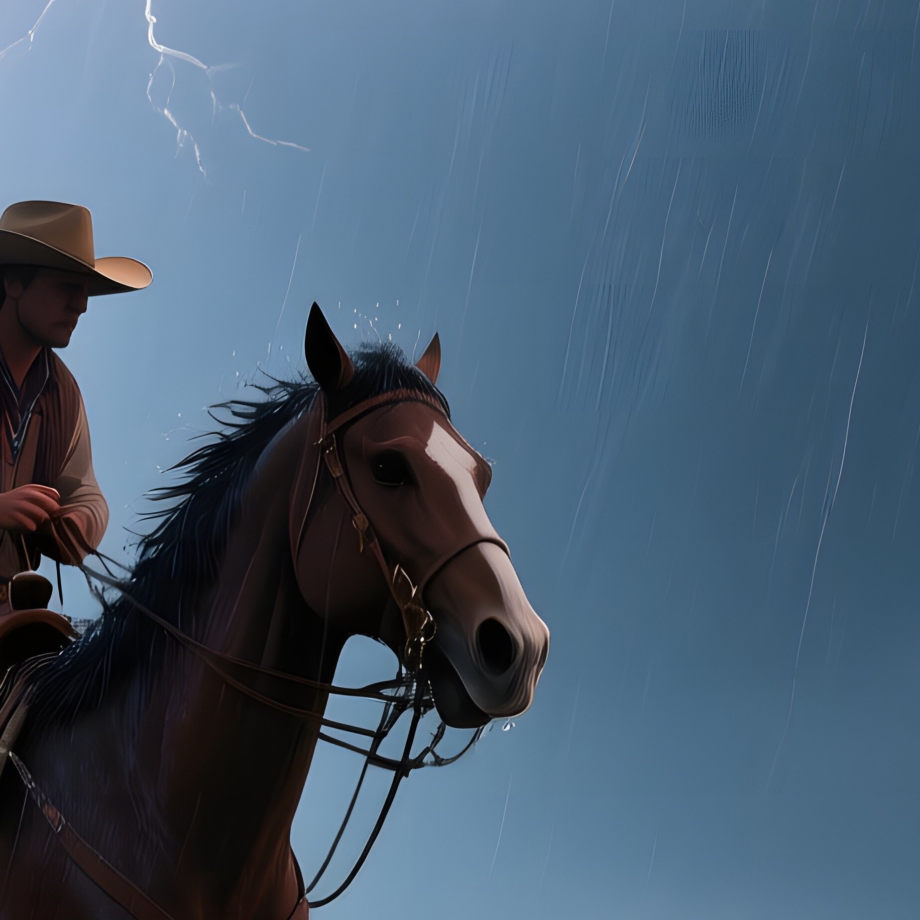 A Dramatic Night Storm Over An Open Plain, Lightning Cracking, A Cowboy Rides Desperately To - Full Resolution Quality Preview