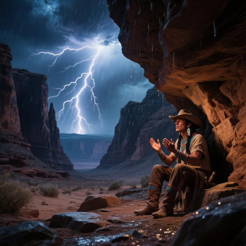 A Dramatic Night Thunderstorm Over A Desert Canyon, Lightning Illuminating Jagged Walls, A Cowboy