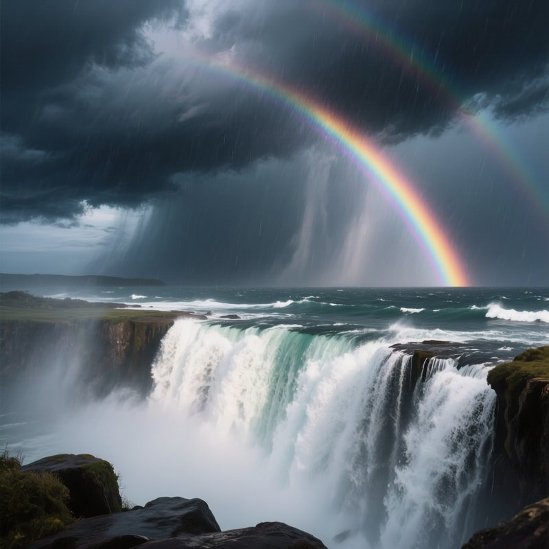 A Dramatic Perspective From Behind The Waterfall Looking Out At A Stormy Sea, Spray Forming