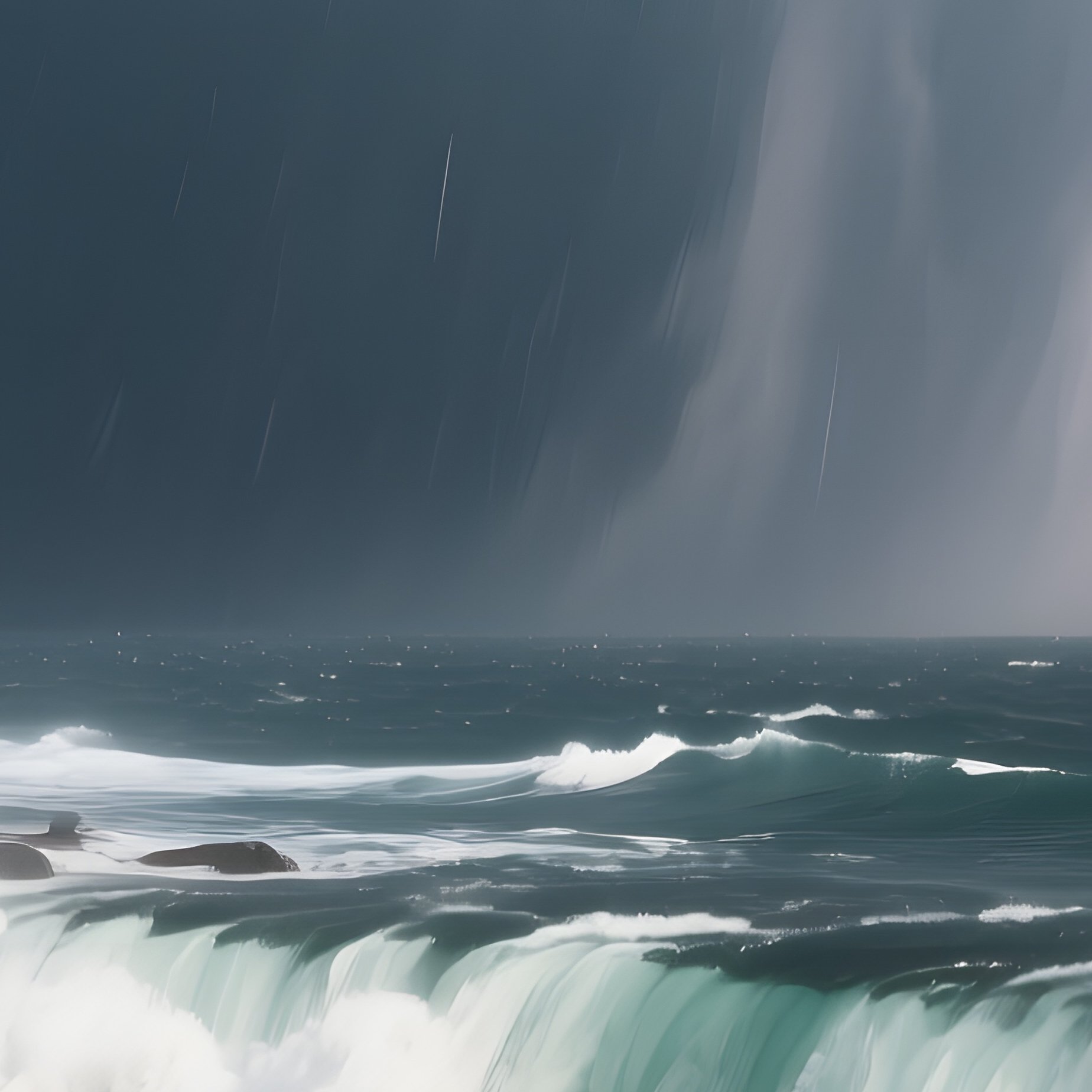 A Dramatic Perspective From Behind The Waterfall Looking Out At A Stormy Sea, Spray Forming - Full Resolution Quality Preview