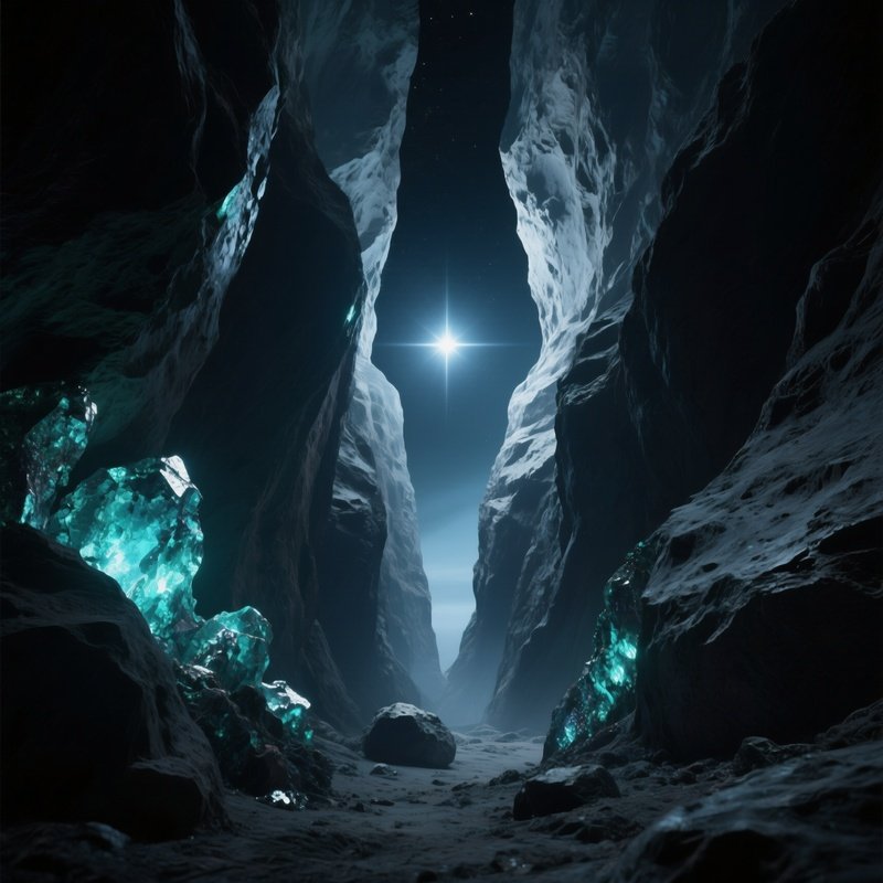 A Dramatic Perspective From Inside A Narrow Canyon Carved Into An Asteroid, The Walls Glowing