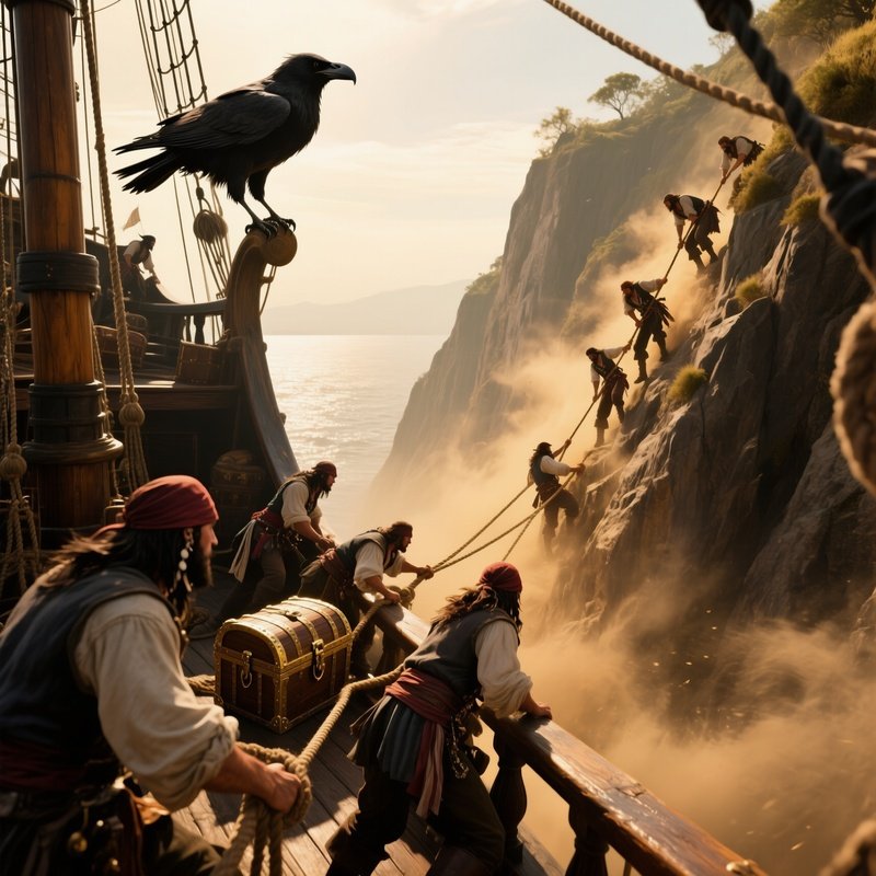 A Dramatic Perspective From The Crow’S Nest Looking Down At A Pirate Crew Hauling Treasure Up A