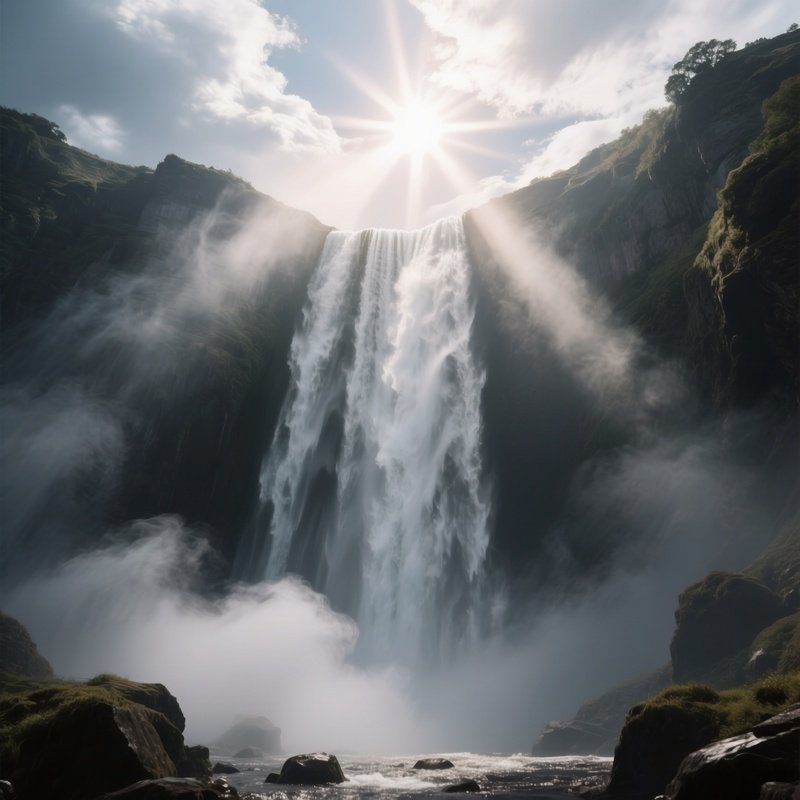 A Dramatic Perspective Looking Up From The Base Of A Towering Waterfall, Mist Swirling Around,