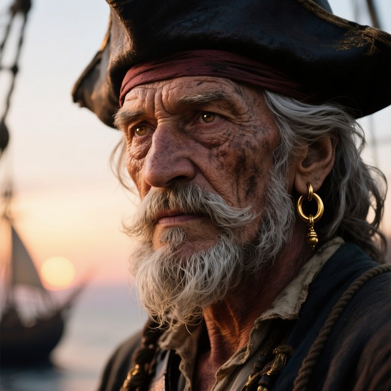 A Dramatic Portrait Of An Elderly Pirate With A Silver Beard, Weathered Skin, And A Gold Hoop