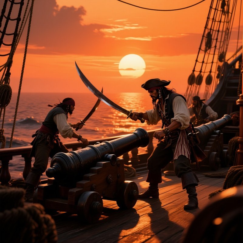 A Dramatic Scene At Sunset On A Ship'S Deck, Where Pirates Prepare For Battle, Loading Cannons And