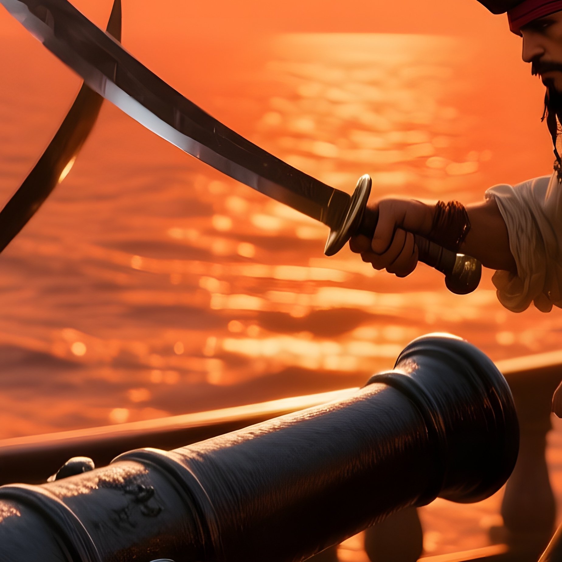 A Dramatic Scene At Sunset On A Ship'S Deck, Where Pirates Prepare For Battle, Loading Cannons And - Full Resolution Quality Preview
