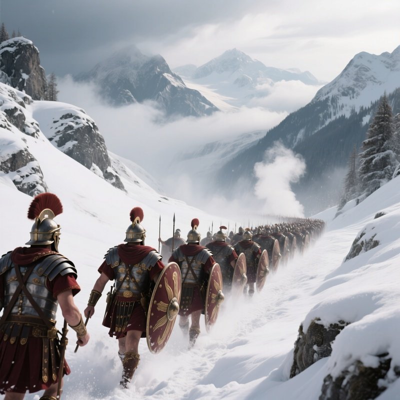 A Dramatic Scene Of A Roman Legion Crossing A Snowy Alpine Pass, Soldiers Trudging Through Deep
