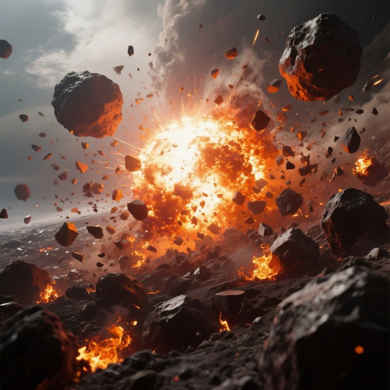 A Dramatic Scene Of An Exploding Supernova Illuminating A Nearby Dense Asteroid Belt, Each Fragment