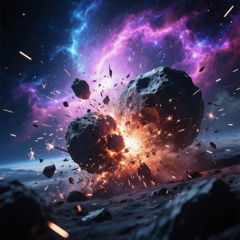 A Dramatic Scene Of An Impact Event Where A Small Meteor Strikes A Larger Asteroid, Sending Sparks