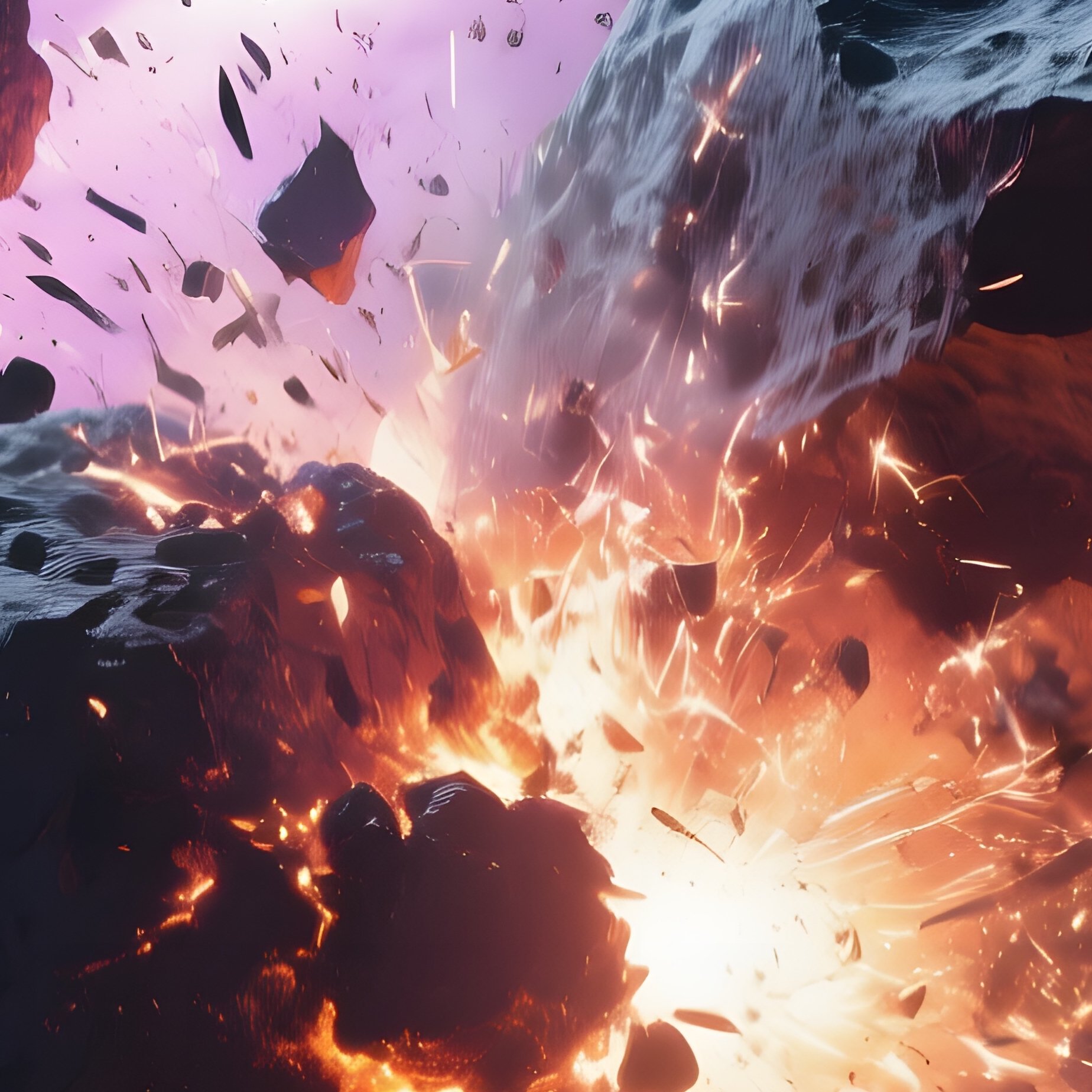 A Dramatic Scene Of An Impact Event Where A Small Meteor Strikes A Larger Asteroid, Sending Sparks - Full Resolution Quality Preview