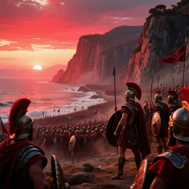 A Dramatic Scene Of The Battle Of Thermopylae At Dawn, Spartan Warriors Standing Firm Against A Sea