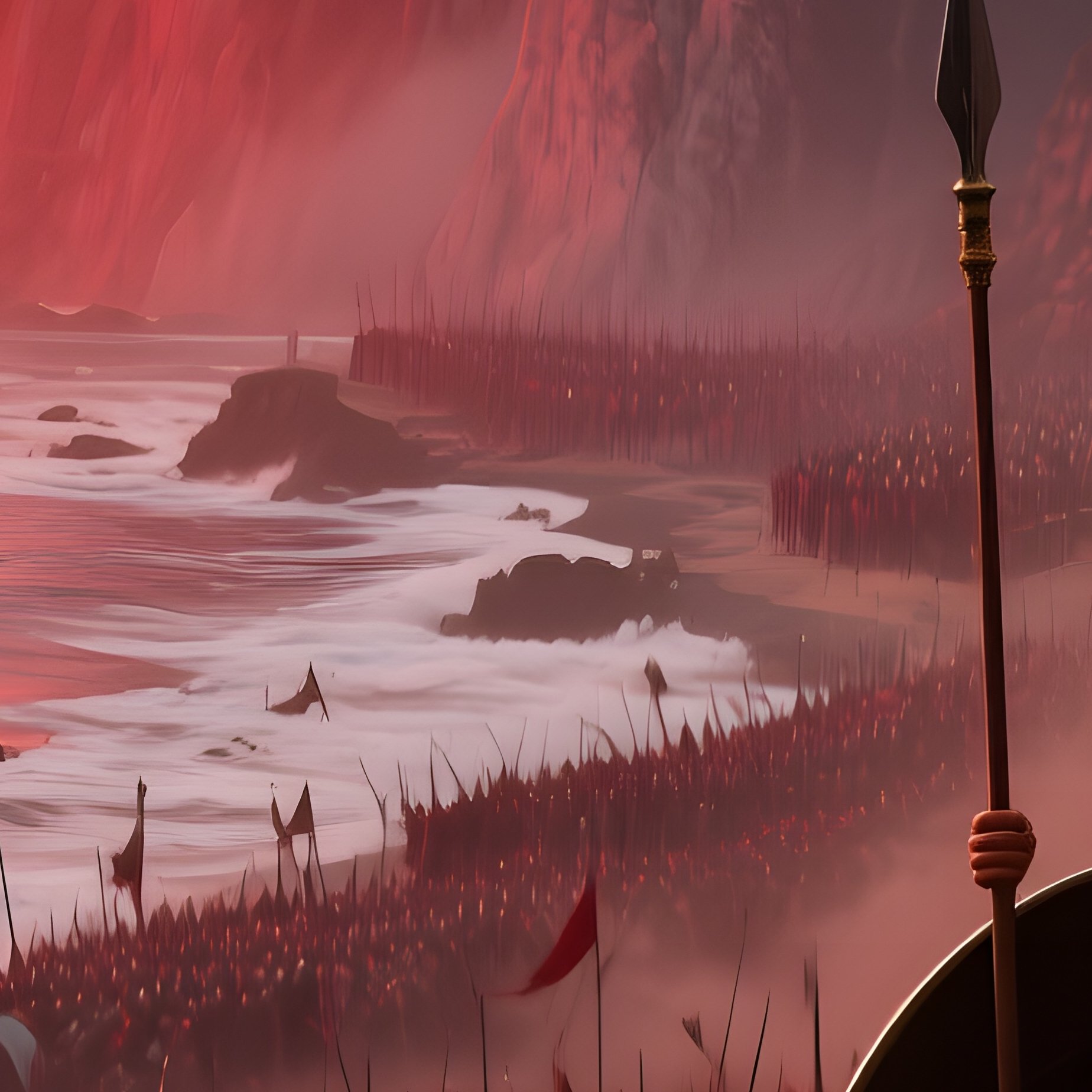 A Dramatic Scene Of The Battle Of Thermopylae At Dawn, Spartan Warriors Standing Firm Against A Sea - Full Resolution Quality Preview