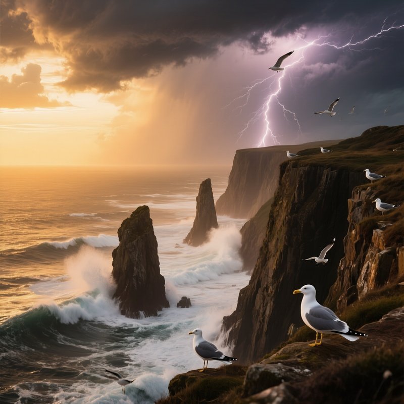 A Dramatic Sea Cliff During A Golden Hour Storm, Lightning Striking Distant Clouds, Waves Pounding