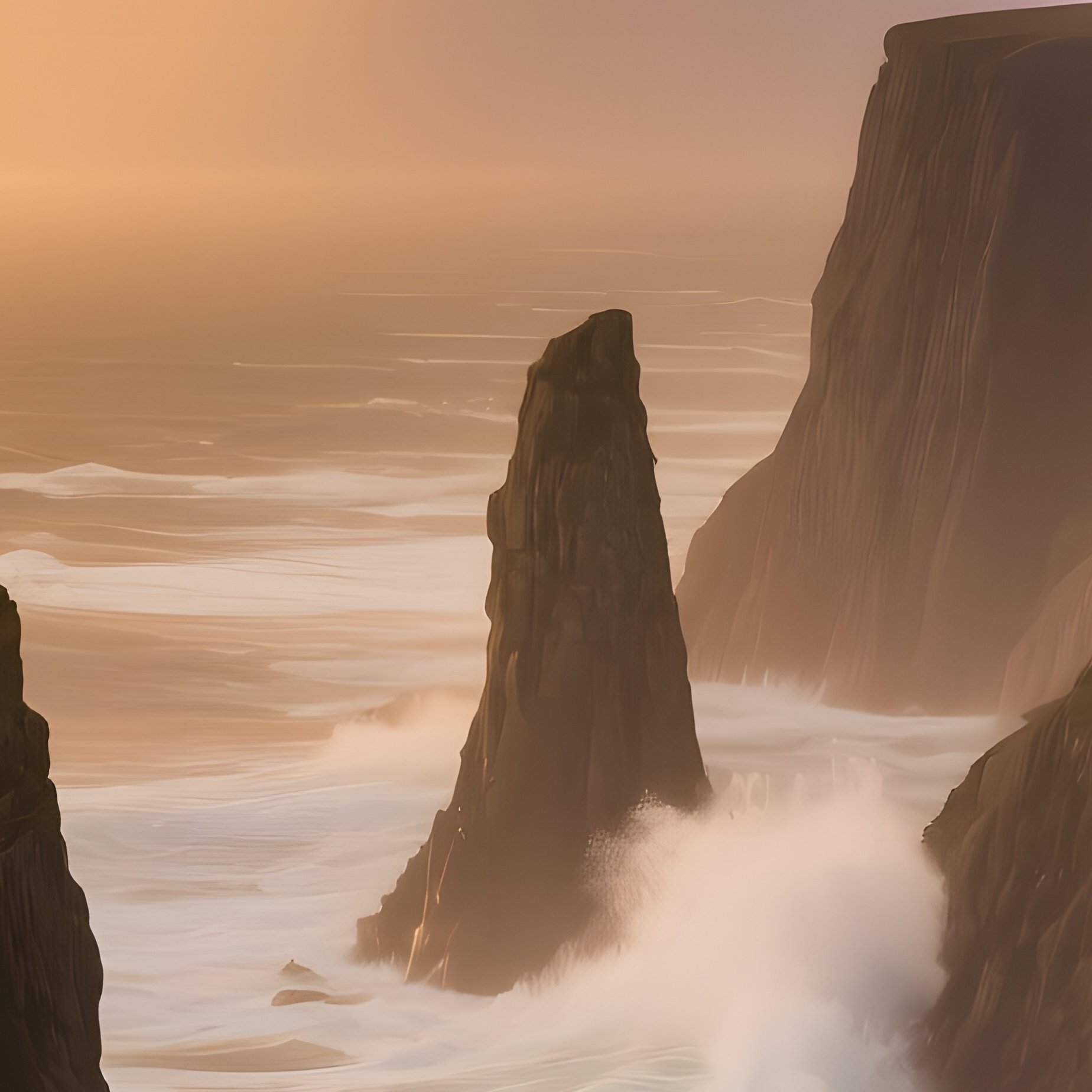 A Dramatic Sea Cliff During A Golden Hour Storm, Lightning Striking Distant Clouds, Waves Pounding - Full Resolution Quality Preview