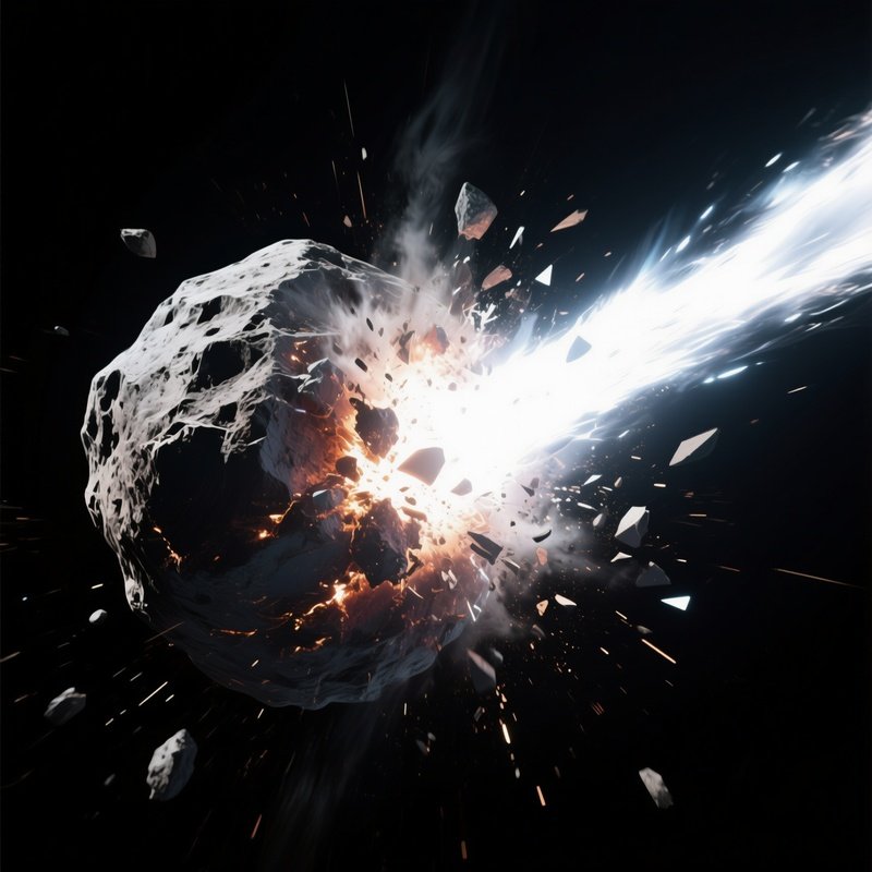 A Dramatic Shot Of A Massive Asteroid Being Struck By A Bright Comet Tail, Shards Exploding Outward