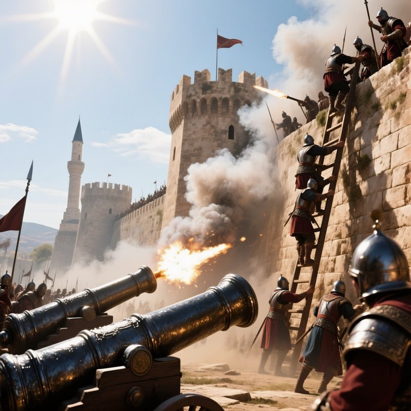 A Dramatic Siege Of A Fortified Ottoman Fortress At Midday, Cannons Firing, Smoke Billowing,