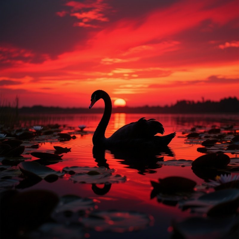 A Dramatic Silhouette Of A Lone Swan Gliding Among Dark Water Lily Shadows At Sunset, Fiery Red And
