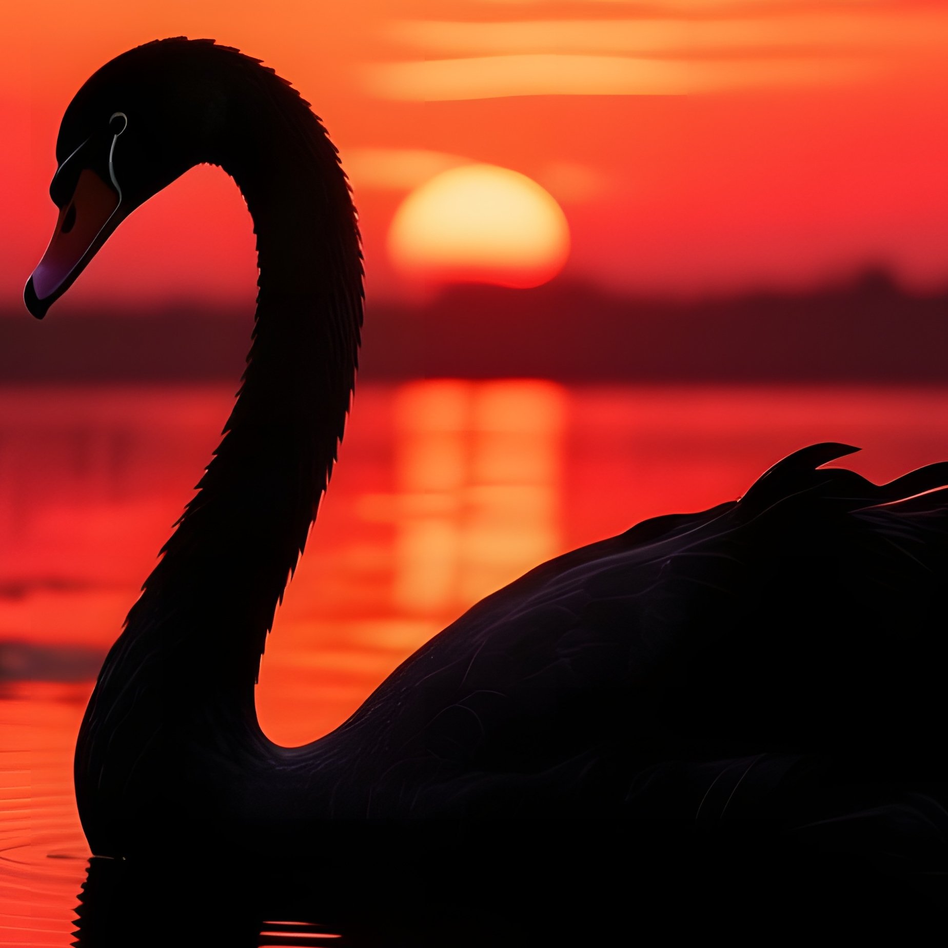 A Dramatic Silhouette Of A Lone Swan Gliding Among Dark Water Lily Shadows At Sunset, Fiery Red And - Full Resolution Quality Preview