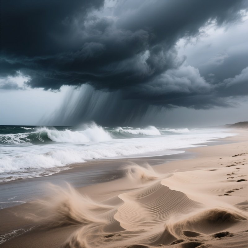 A Dramatic Storm Approaching A Beach, With Dark Clouds Looming Overhead, White Capped Waves