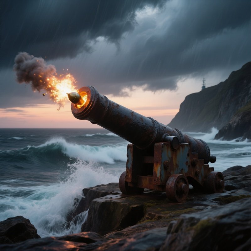 A Dramatic Stormy Coastline At Twilight, A Rusted Naval Cannon Embedded In The Rocks, Its Muzzle
