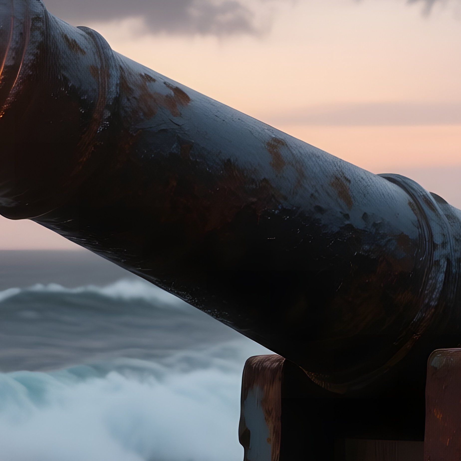 A Dramatic Stormy Coastline At Twilight, A Rusted Naval Cannon Embedded In The Rocks, Its Muzzle - Full Resolution Quality Preview