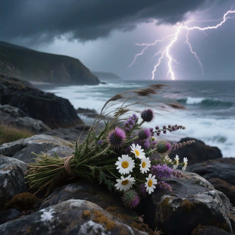 A Dramatic Stormy Coastline Where A Wind‑Blown Bouquet Of Sea‑Lavender, Thistle, And White Daisies