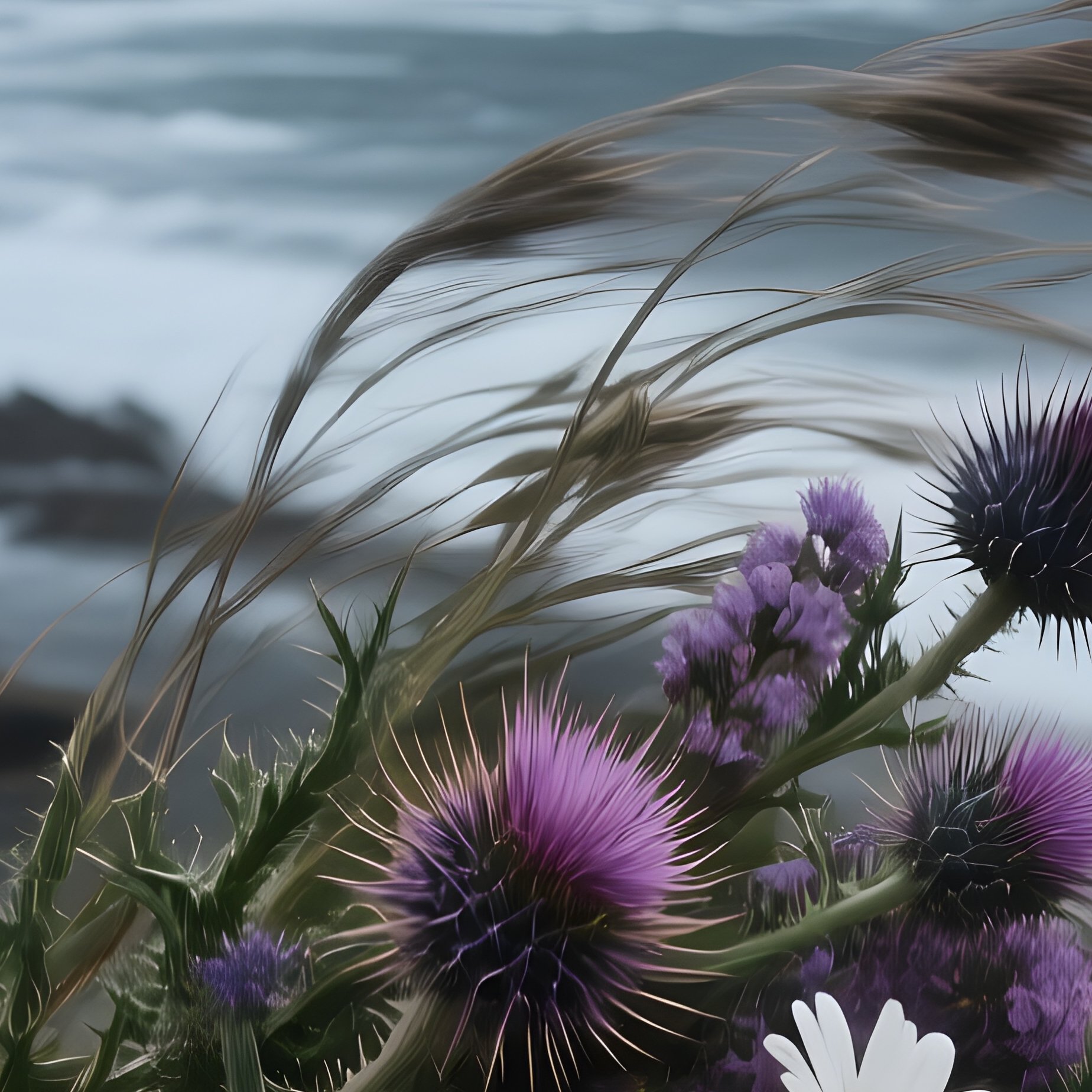 A Dramatic Stormy Coastline Where A Wind‑Blown Bouquet Of Sea‑Lavender, Thistle, And White Daisies - Full Resolution Quality Preview
