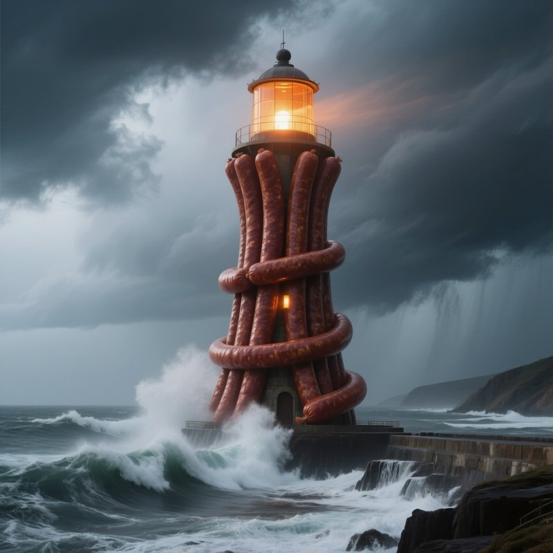 A Dramatic Stormy Coastline With Crashing Waves, Where A Massive Lighthouse Sculpture Is Formed