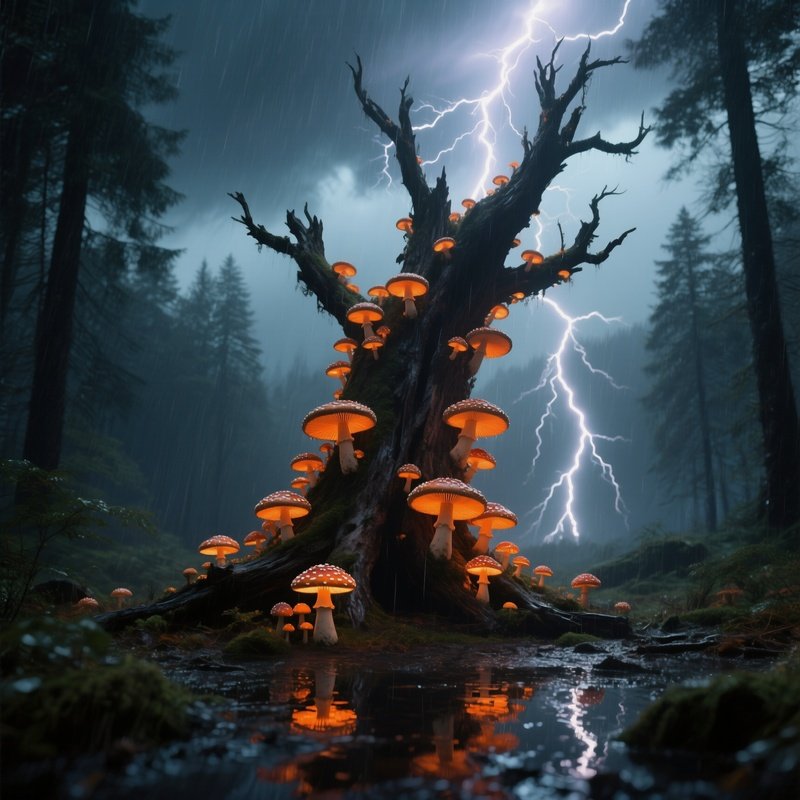 A Dramatic Stormy Scene In The Black Forest, Lightning Striking A Massive Dead Tree Covered In