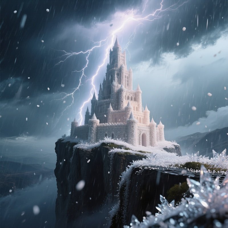 A Dramatic Stormy Scene Where Lightning Illuminates A Towering Sugar Fortress On A Cliff Edge, Rain