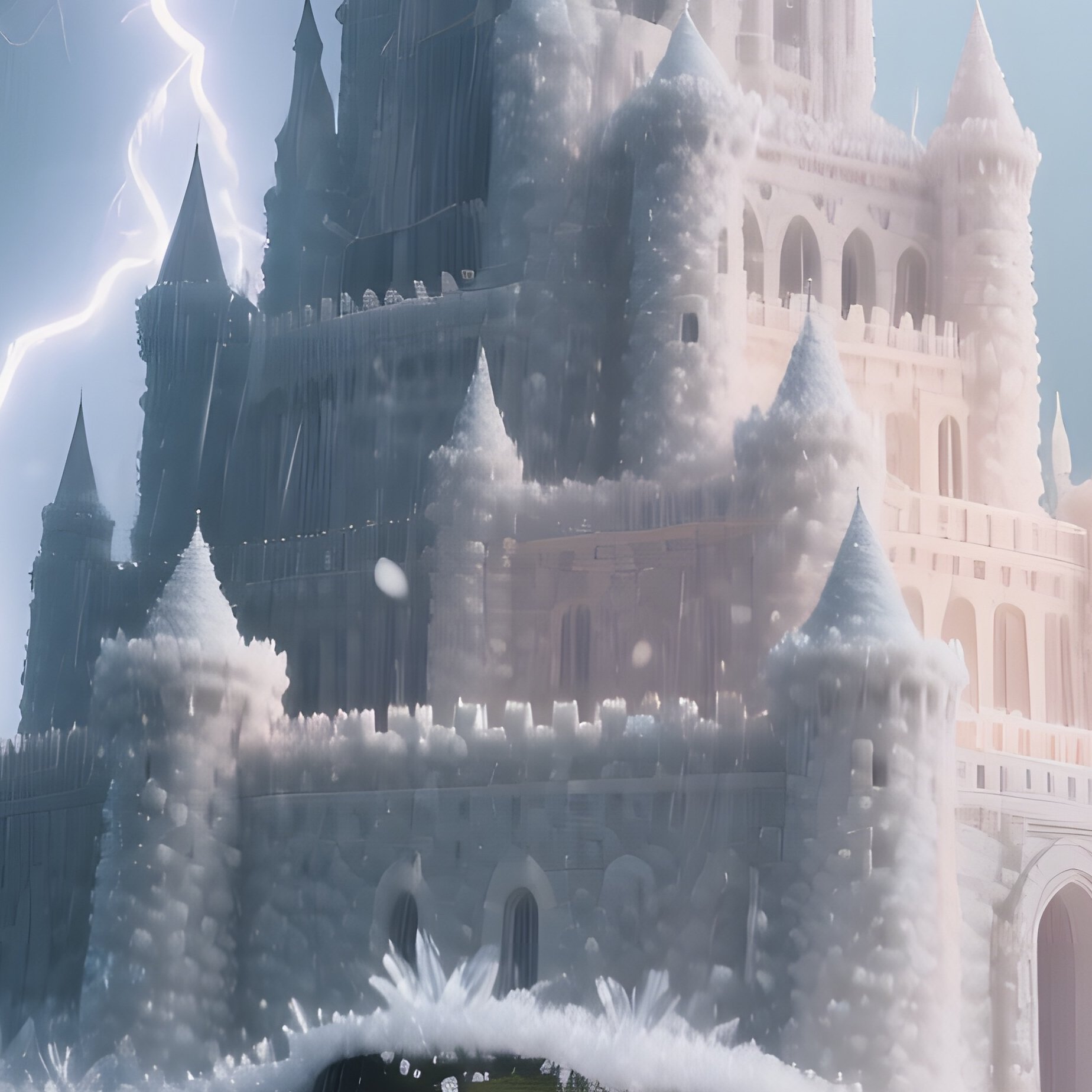 A Dramatic Stormy Scene Where Lightning Illuminates A Towering Sugar Fortress On A Cliff Edge, Rain - Full Resolution Quality Preview