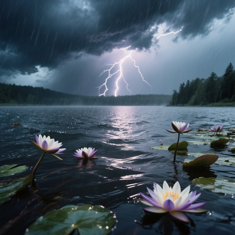 A Dramatic Stormy Scene With Heavy Rain Striking A Large Lake, Water Lilies Bending Under Wind,