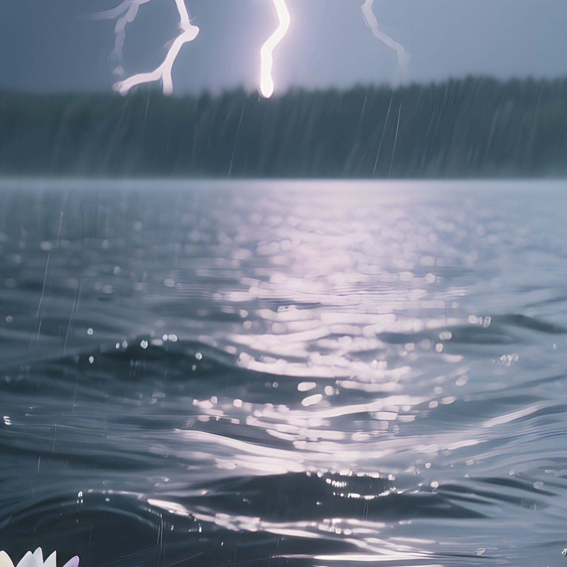 A Dramatic Stormy Scene With Heavy Rain Striking A Large Lake, Water Lilies Bending Under Wind, - Full Resolution Quality Preview